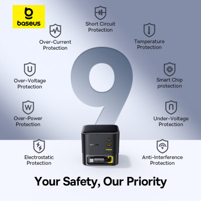 Мережевий зарядний пристрій Baseus Super GaN Desktop Charger with Retractable Cable 3C+U 100W EU Cosmic Black