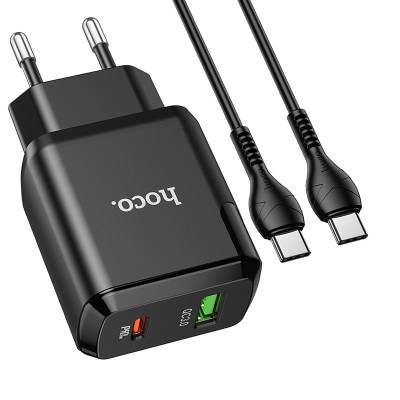 Мережевий зарядний пристрій HOCO N5 Favor dual port PD20W+QC3.0 charger set(Type-C to Type-C) Black