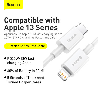 Кабель Baseus Superior Series Fast Charging Data Cable Type-C to iP PD 20W 1.5m White Кабель Baseus Superior Series Fast Charging Data Cable Type-C to iP PD 20W 1.5m White