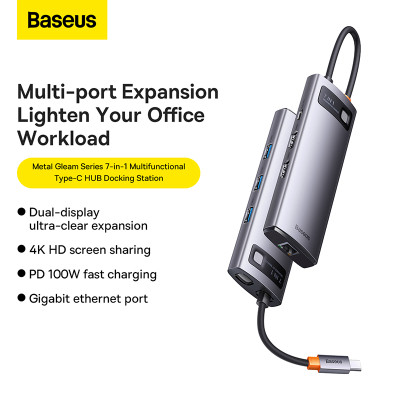 USB-Hub Baseus Metal Gleam Series 7-in-1 Multifunctional Type-C HUB Docking Station Gray （Type-C to HDMI*2+USB3.0*3+PD*1+RJ45*1）