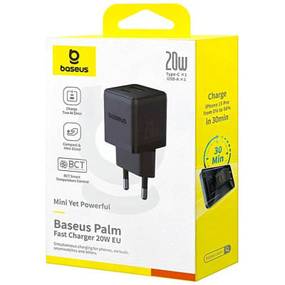 Мережевий зарядний пристрій Baseus Palm Fast Charger C+U 20W EU Cluster Black Мережевий зарядний пристрій Baseus Palm Fast Charger C+U 20W EU Cluster Black