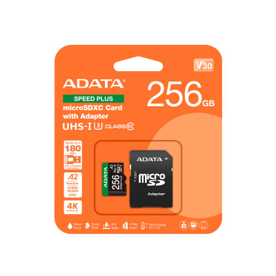 Карта пам'яті microSDXC (UHS-1 U3) A-DATA SPEED PLUS 256Gb Class 10 V30 A2 (R-180Mb/s W160Mb/s) (adapter SD)