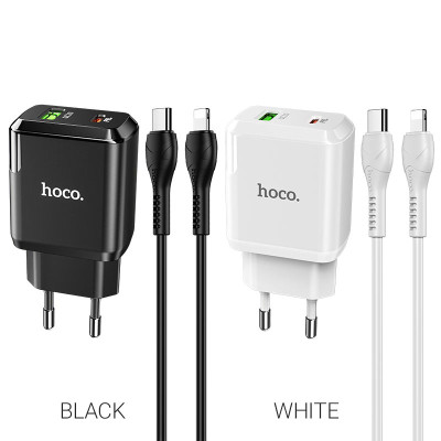 Мережевий зарядний пристрій HOCO N5 Favor dual port PD20W+QC3.0 charger set(C to iP) White