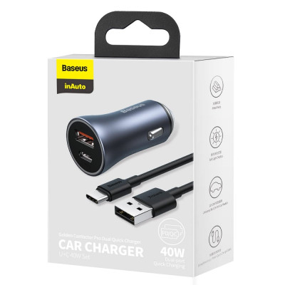 Автомобільний зарядний пристрій Baseus Golden Contactor Pro Dual Quick Charger Car Charger U+C 40W(With Baseus Simple wiring USB For Type-C 5A 1.0m)Da Автомобільний зарядний пристрій Baseus Golden Contactor Pro Dual Quick Charger Car Charger U+C 40W(With Baseus Simple wiring USB For Type-C 5A 1.0m)Da