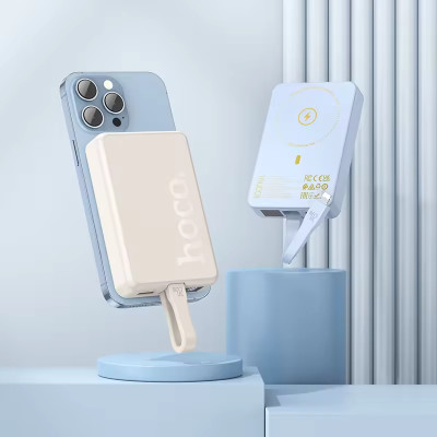 Зовнішній акумулятор HOCO Q24 Elegant 22.5W+PD20W fully compatible power bank with cable and magnetic fast charging(10000mAh) Milky white