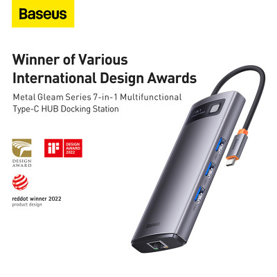 USB-Hub Baseus Metal Gleam Series 7-in-1 Multifunctional Type-C HUB Docking Station Gray （Type-C to HDMI*2+USB3.0*3+PD*1+RJ45*1）