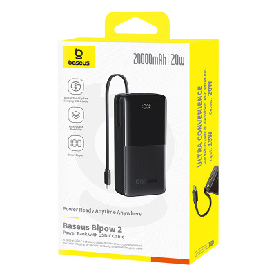 Зовнішній акумулятор Baseus Bipow 2 Digital Display Power Bank With Built-in USB-C Cable 20000mah 20W Cluster Black
