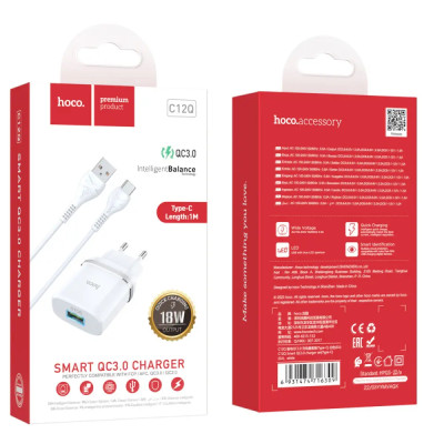 Мережевий зарядний пристрій з кабелем HOCO C12Q Smart QC3.0 charger set(Type-C) 18W White Мережевий зарядний пристрій з кабелем HOCO C12Q Smart QC3.0 charger set(Type-C) 18W White