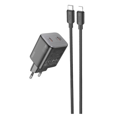 Мережевий зарядний пристрій з кабелем HOCO N42 Elogiado dual-port PD45W(2C) charger set(C to iP) Black Мережевий зарядний пристрій з кабелем HOCO N42 Elogiado dual-port PD45W(2C) charger set(C to iP) Black