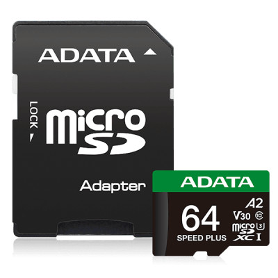 Карта пам'яті microSDXC (UHS-1 U3) A-DATA SPEED PLUS 64Gb Class 10 V30 A2 (R-160Mb/s W140Mb/s) (adapter SD)