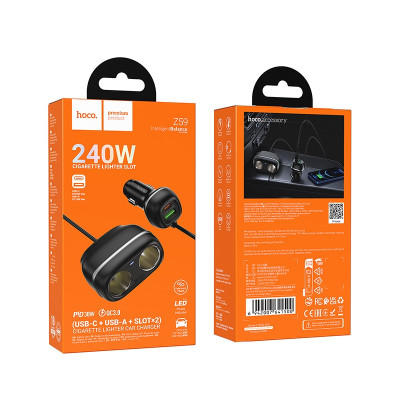 Автомобільний зарядний пристрій HOCO Z59 Rank 48W dual port PD30W+QC3.0 dual cigarette lighter slot car charger Black