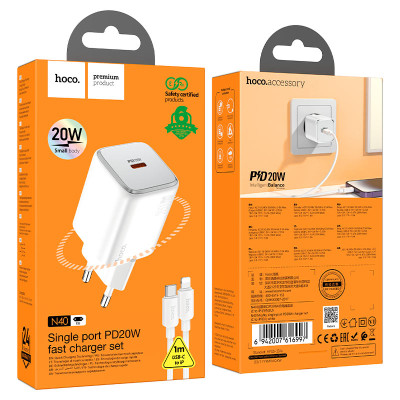 Мережевий зарядний пристрій HOCO N40 Mighty single port PD20W charger set(C to iP) White Мережевий зарядний пристрій HOCO N40 Mighty single port PD20W charger set(C to iP) White