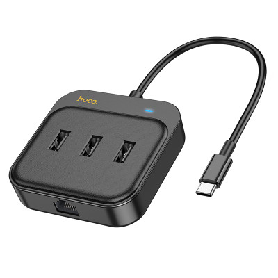 USB-Hub HOCO HB35 Easy link 4-in-1 100 Mbps Ethernet Adapter(Type-C to USB2.0*3+RJ45)(L=0.2M) Black