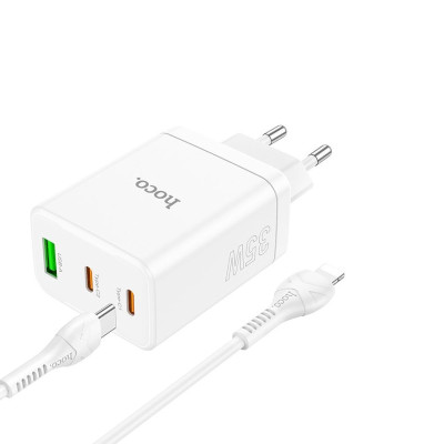 Мережевий зарядний пристрій HOCO N33 Start three-port PD35W(2C1A) charger set(C to iP) White Мережевий зарядний пристрій HOCO N33 Start three-port PD35W(2C1A) charger set(C to iP) White