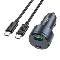 Автомобільний зарядний пристрій HOCO Z57B Glorious 63W dual-port digital display PD45W+QC3.0 car charger set (C to C) Metal Gray