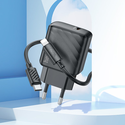 Мережевий зарядний пристрій з кабелем HOCO CS22A Value single port PD30W charger set(C to iP) Black Мережевий зарядний пристрій з кабелем HOCO CS22A Value single port PD30W charger set(C to iP) Black