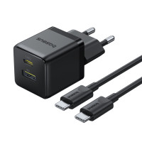 Мережевий зарядний пристрій з кабелем Baseus Palm Fast Charger C+U 30W EU Cluster Black (with Baseus Mini White Cable USB-C to USB-C 60W (20V/3A) 1m)