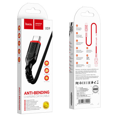 Кабель HOCO X59 USB to Type-C 3A, 1m, nylon, TPE connectors, Black Кабель HOCO X59 USB to Type-C 3A, 1m, nylon, TPE connectors, Black