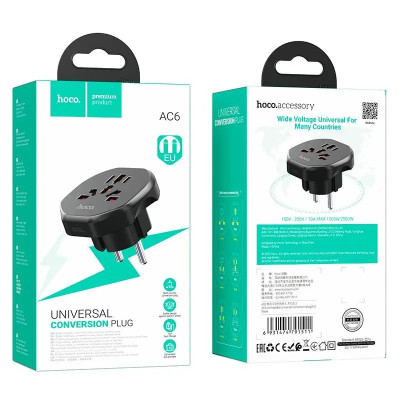 Мережевий адаптер HOCO AC6 Unimpeded universal conversion plug Black Мережевий адаптер HOCO AC6 Unimpeded universal conversion plug Black