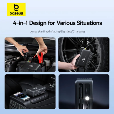 Автомобільний пуско-зарядний пристрій з насосом Baseus Super Energy Series 4-in-1 Car Jump Starter 600A Cluster Black Автомобільний пуско-зарядний пристрій з насосом Baseus Super Energy Series 4-in-1 Car Jump Starter 600A Cluster Black