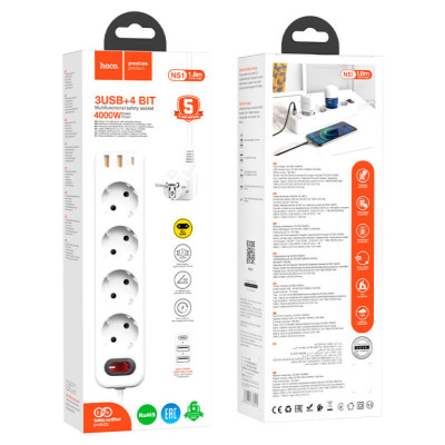 Мережевий подовжувач HOCO NS1 Aura 4-bit extension cable socket(including 1C2A PD20W fast charge) White Мережевий подовжувач HOCO NS1 Aura 4-bit extension cable socket(including 1C2A PD20W fast charge) White