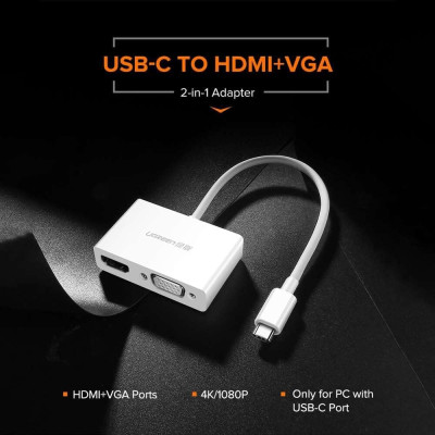 USB-хаб UGREEN USB Type C to HDMI + VGA Converter (White)