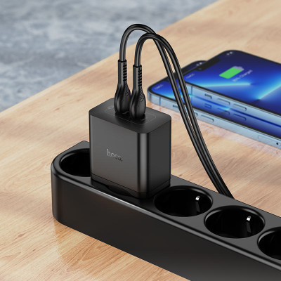 Мережевий зарядний пристрій HOCO N35 Streamer dual-port PD45W GaN (2C) charger(EU) Black Мережевий зарядний пристрій HOCO N35 Streamer dual-port PD45W GaN (2C) charger(EU) Black