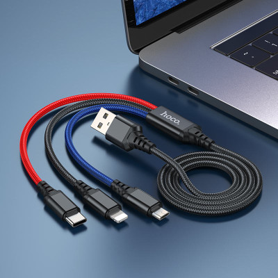 Кабель HOCO X76 USB to iP+Type-C+Micro 2A, 1m, nylon, aluminum connectors Black+Red+Blue Кабель HOCO X76 USB to iP+Type-C+Micro 2A, 1m, nylon, aluminum connectors Black+Red+Blue