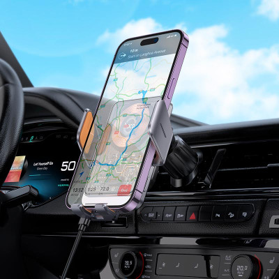 Автотримач для телефона з БЗП HOCO HW7 Transparent Discovery Edition wireless fast charging car holder(air outlet) Metal Gray Автотримач для телефона з БЗП HOCO HW7 Transparent Discovery Edition wireless fast charging car holder(air outlet) Metal Gray