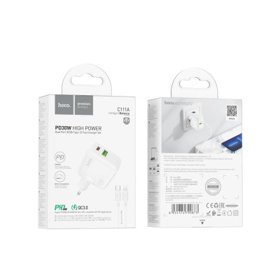 Мережевий зарядний пристрій HOCO C111A Lucky dual-port PD30W+QC3.0 charger set(C to iP) White