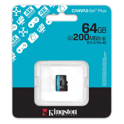 Карта пам'яті microSDXC (UHS-1 U3) Kingston Canvas Go! Plus 64Gb class 10 A2 V30 (R200MB/s)