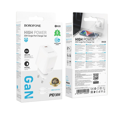 Сетевое зарядное устройство BOROFONE BN28 Fuente single port PD30W charger (EU) White Сетевое зарядное устройство BOROFONE BN28 Fuente single port PD30W charger (EU) White