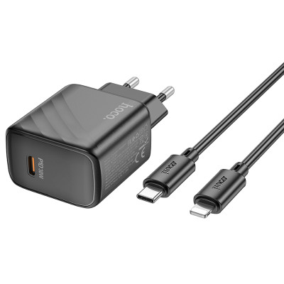 Мережевий зарядний пристрій з кабелем HOCO CS22A Value single port PD30W charger set(C to iP) Black Мережевий зарядний пристрій з кабелем HOCO CS22A Value single port PD30W charger set(C to iP) Black