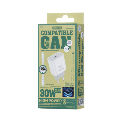 Мережевий зарядний пристрій з кабелем REMAX Figen Series 30W All-compatible GaN Charger+ RC-CO21 Data Cable Set RP-U71 EU-White Мережевий зарядний пристрій з кабелем REMAX Figen Series 30W All-compatible GaN Charger+ RC-CO21 Data Cable Set RP-U71 EU-White