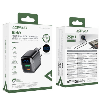Мережевий зарядний пристрій ACEFAST A114 PD25W GaN charger (USB-A+USB-C) with digital display Black Мережевий зарядний пристрій ACEFAST A114 PD25W GaN charger (USB-A+USB-C) with digital display Black