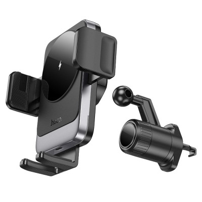 Автотримач для телефона з БЗП HOCO HW13 Speed wireless fast charging car holder(air outlet) Black Metal Gray