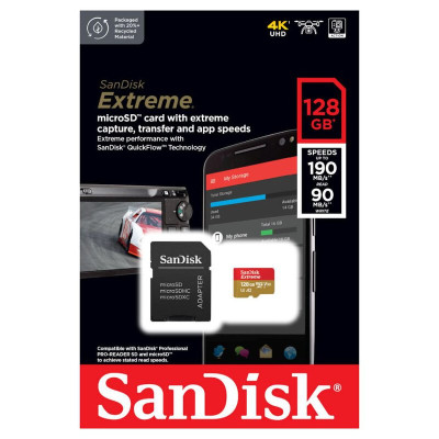 Карта пам'яті microSDXC (UHS-1 U3) SanDisk Extreme A2 128Gb class 10 V30 (R190MB/s,W90MB/s) (adapter SD)