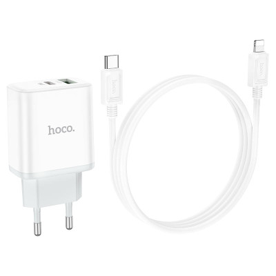 Мережевий зарядний пристрій з кабелем HOCO C105A Stage dual port PD20W+QC3.0 charger set (C to iP)(EU) White Мережевий зарядний пристрій з кабелем HOCO C105A Stage dual port PD20W+QC3.0 charger set (C to iP)(EU) White