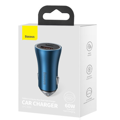 Автомобільний зарядний пристрій Baseus Golden Contactor Max Dual Fast Charger Car Charger U+C 60W Blue Автомобільний зарядний пристрій Baseus Golden Contactor Max Dual Fast Charger Car Charger U+C 60W Blue