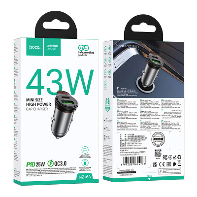 Автомобільний зарядний пристрій HOCO NZ16A Rigorous 43W dual port PD25W+QC3.0 car charger Metal Grey Автомобільний зарядний пристрій HOCO NZ16A Rigorous 43W dual port PD25W+QC3.0 car charger Metal Grey
