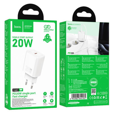 Мережевий зарядний пристрій HOCO N60 Gentle single port PD20W charger (EU) White Мережевий зарядний пристрій HOCO N60 Gentle single port PD20W charger (EU) White