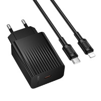 Мережевий зарядний пристрій з кабелем BOROFONE BAS75A Source single port PD30W charger set (C to iP) (EU) Black Мережевий зарядний пристрій з кабелем BOROFONE BAS75A Source single port PD30W charger set (C to iP) (EU) Black