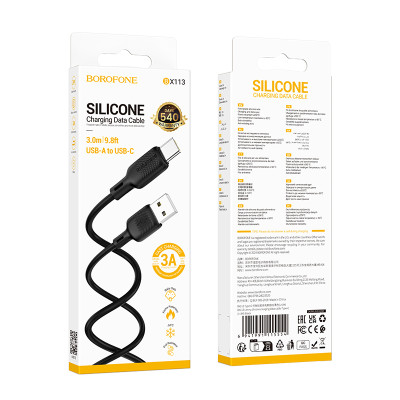 Кабель BOROFONE BX113 Lenny silicone charging data cable Type-C(L=3M) Black Кабель BOROFONE BX113 Lenny silicone charging data cable Type-C(L=3M) Black