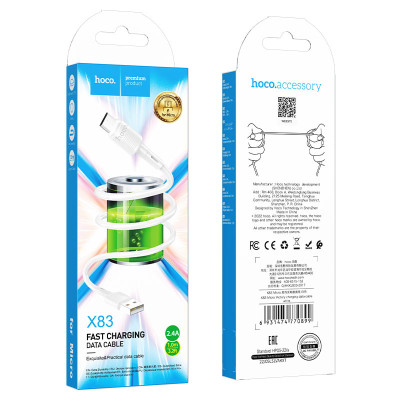 Кабель HOCO X83 USB to Micro 2.4A, 1m, PVC, PVC connectors, White Кабель HOCO X83 USB to Micro 2.4A, 1m, PVC, PVC connectors, White