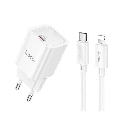 Мережевий зарядний пристрій з кабелем HOCO C148A Charm single port PD30W charger set (C to iP) (EU) White Мережевий зарядний пристрій з кабелем HOCO C148A Charm single port PD30W charger set (C to iP) (EU) White