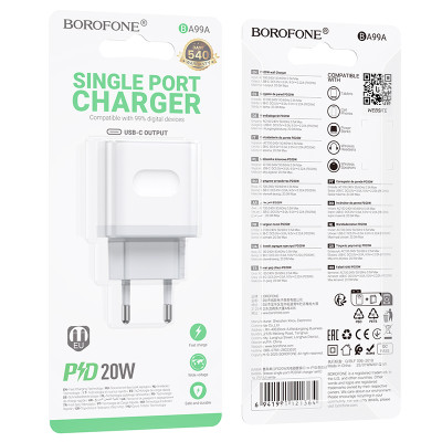 Мережевий зарядний пристрій BOROFONE BA99A Breeze single port PD20W charger White Мережевий зарядний пристрій BOROFONE BA99A Breeze single port PD20W charger White