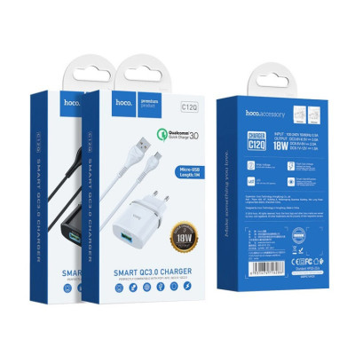 Мережевий зарядний пристрій з кабелем HOCO C12Q Smart QC3.0 charger set(Micro) 18W White Мережевий зарядний пристрій з кабелем HOCO C12Q Smart QC3.0 charger set(Micro) 18W White