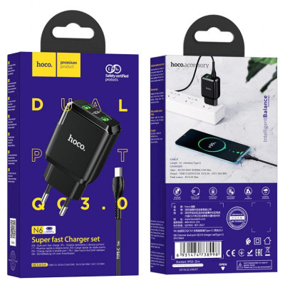 Мережевий зарядний пристрій HOCO N6 Charmer dual port QC3.0 charger set(Type-C) 18W Black Мережевий зарядний пристрій HOCO N6 Charmer dual port QC3.0 charger set(Type-C) 18W Black