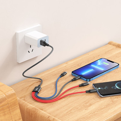 Кабель HOCO X76 USB to iP+Type-C+Type-C+Micro 2A, 1m, nylon, aluminum connectors Black+Red+Blue Кабель HOCO X76 USB to iP+Type-C+Type-C+Micro 2A, 1m, nylon, aluminum connectors Black+Red+Blue