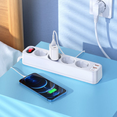 Мережевий подовжувач HOCO NS1 Aura 4-bit extension cable socket(including 1C2A PD20W fast charge) White Мережевий подовжувач HOCO NS1 Aura 4-bit extension cable socket(including 1C2A PD20W fast charge) White